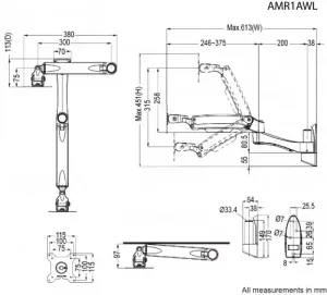 Amer AMR1AWL Dual Link Spring Cantilever Articulating Monitor Wall Mou