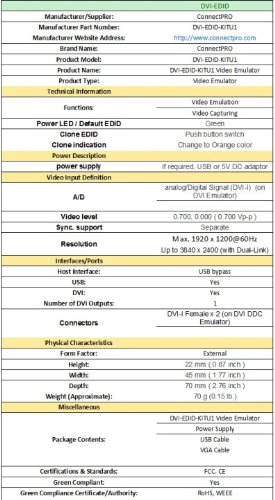 Connectpro DVI-EDID-KITU1 Dvi-edid-kitu1 Video Emulator - Usb - 3840 X