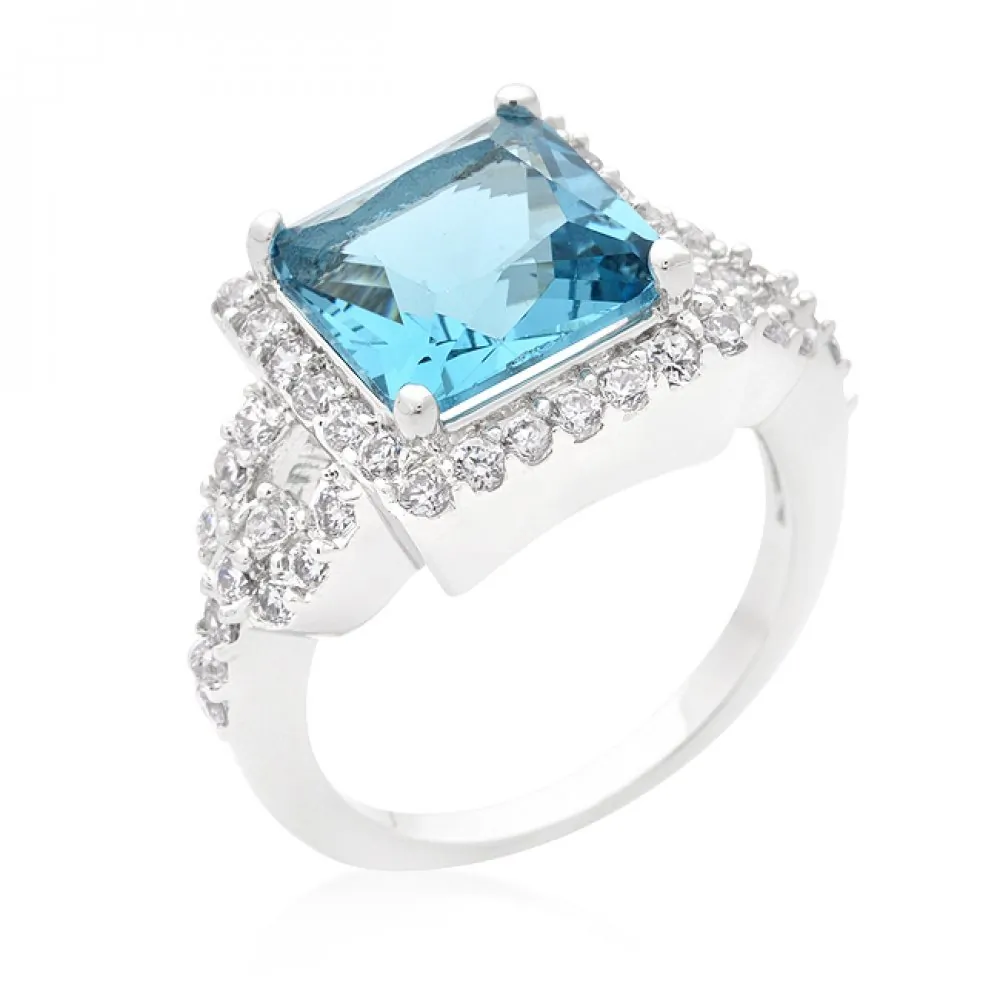 Icon J10377 Halo Style Princess Cut Aqua Blue Cocktail Ring (size: 06)