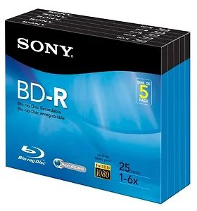 5BNR25R3H | Sony Blu Ray 25GB Discs, 6x Write Once, 5 Pack