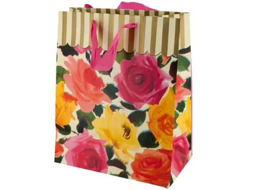 BG577 | Bulk Buys Elegant Gold Stripes & Floral Gift Bag