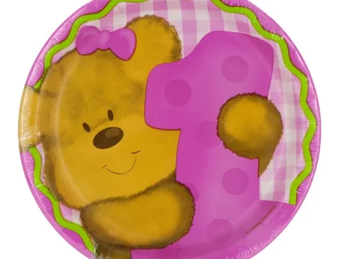 PB709 | Bulk Buys Pink Teddy Bear First Birthday Plates Set