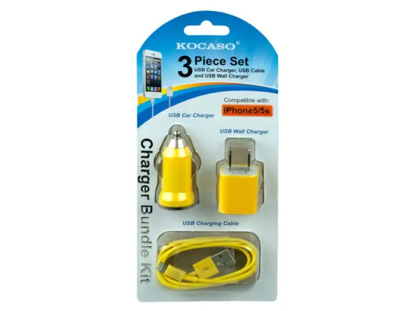 Bulk EN291 Yellow 3 Piece Iphone Charging Set With Wall And Car Charge