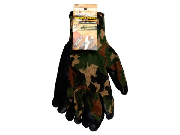 Bulk MA219 Universal Size Green Camo Latex Dip Working Gloves