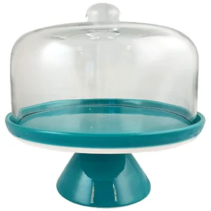 Studio California Teal Ceramic Cake Stand with Glass Dome -