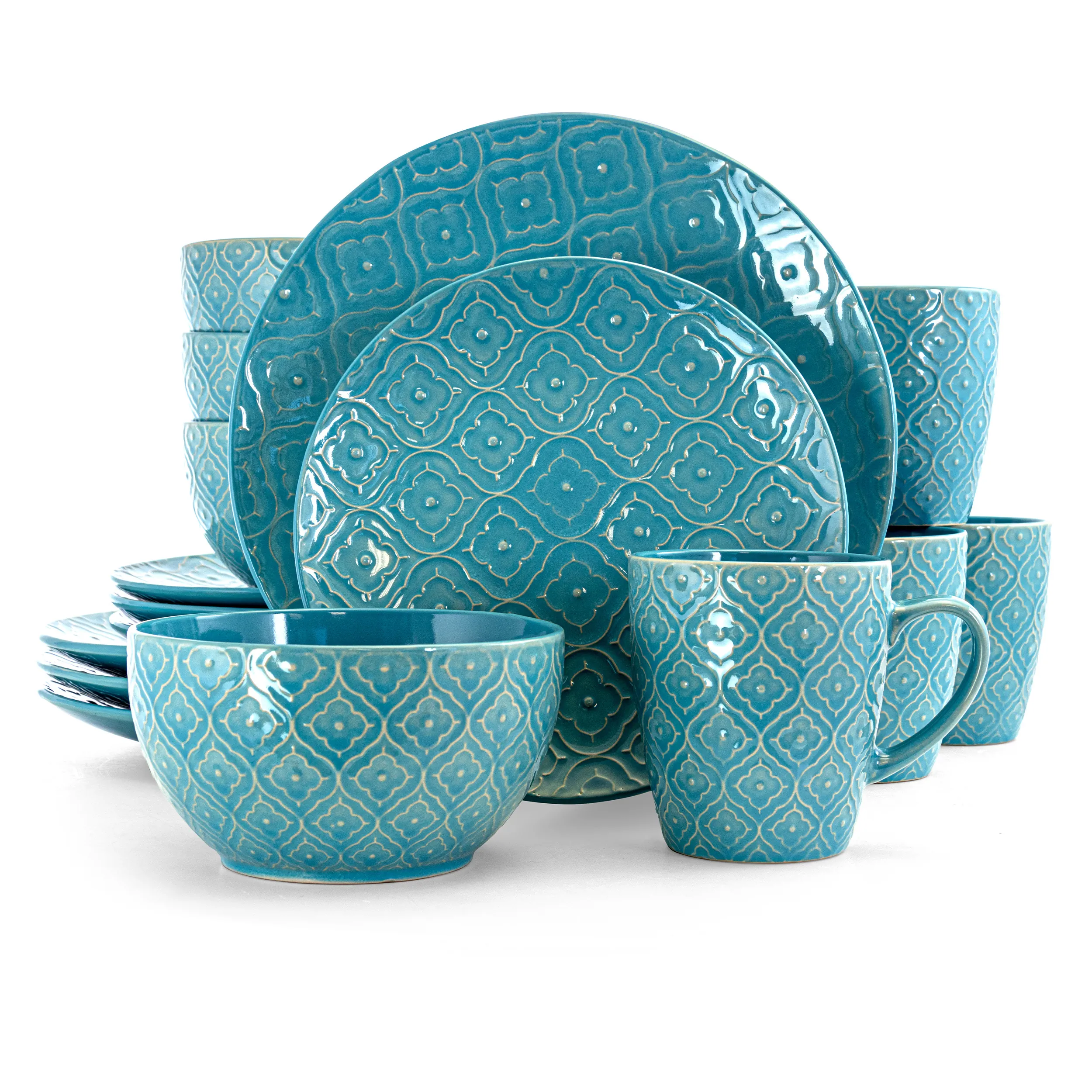 Elama EL-AQUALILY Aqua Lily 16 Piece Luxurious Stoneware Dinnerware Wi