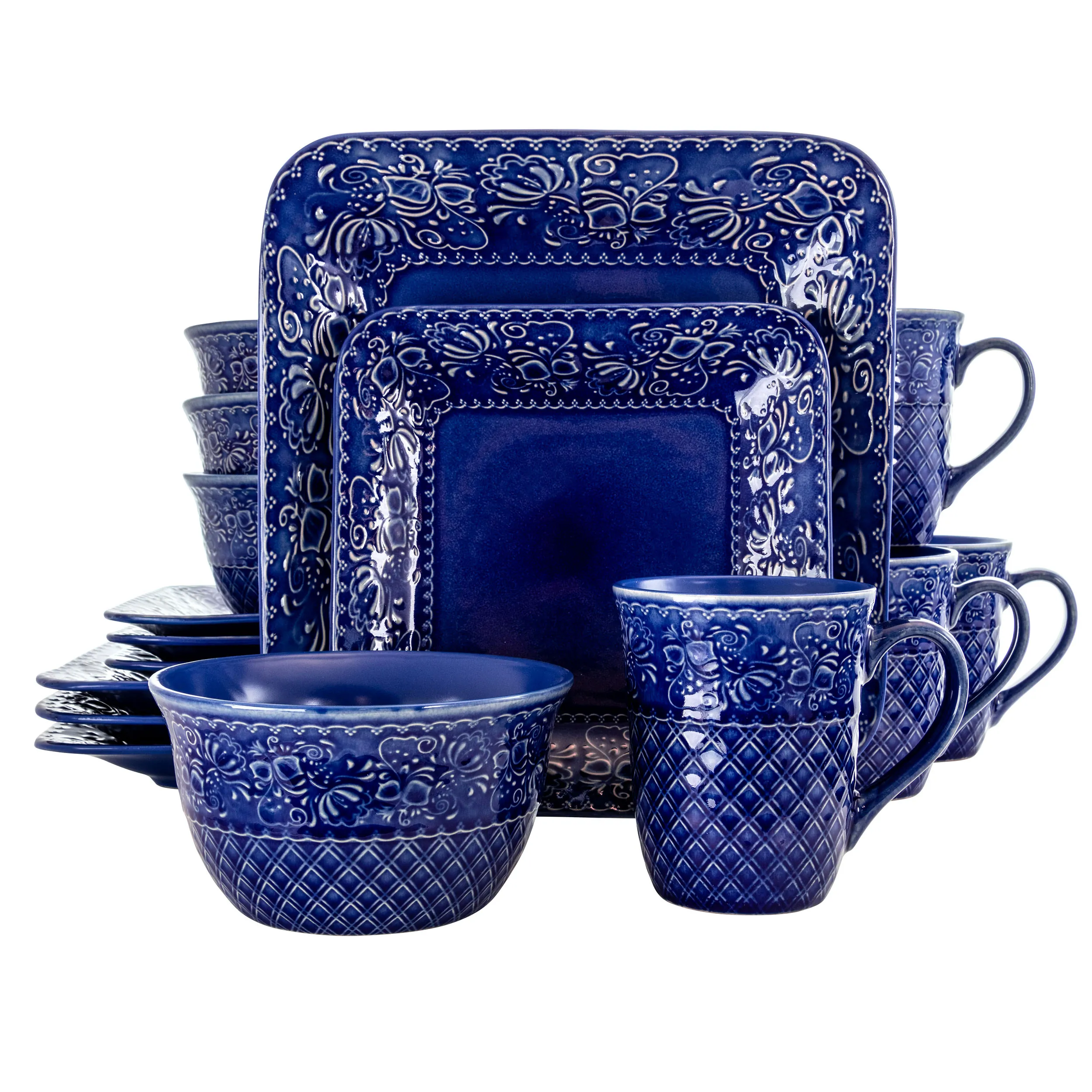 Elama EL-INDIGOLOTUS Indigo Lotus 16-piece Square Dinnerware Set