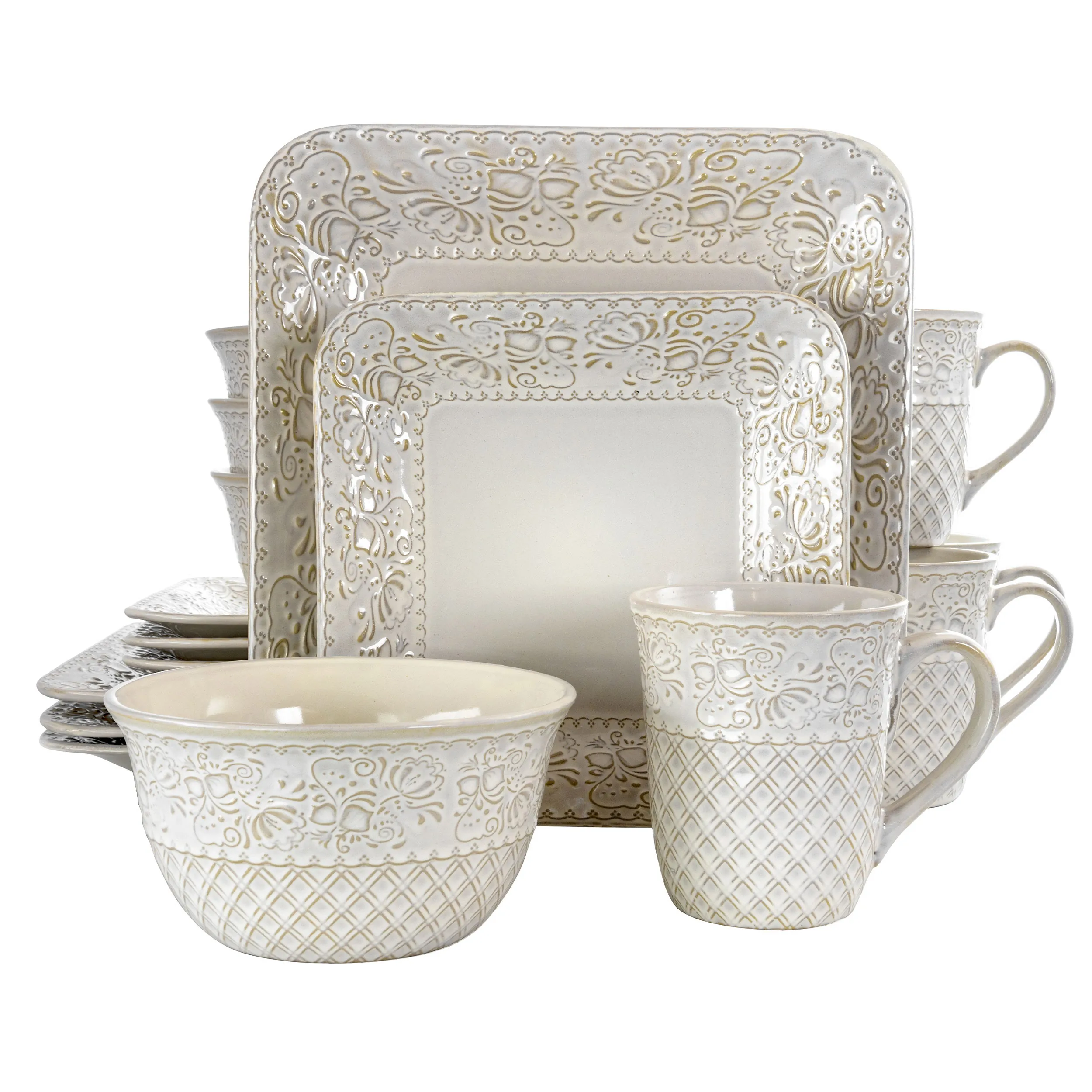 Elama EL-IVORYLOTUS Ivory Lotus 16-piece Square Dinnerware Collection