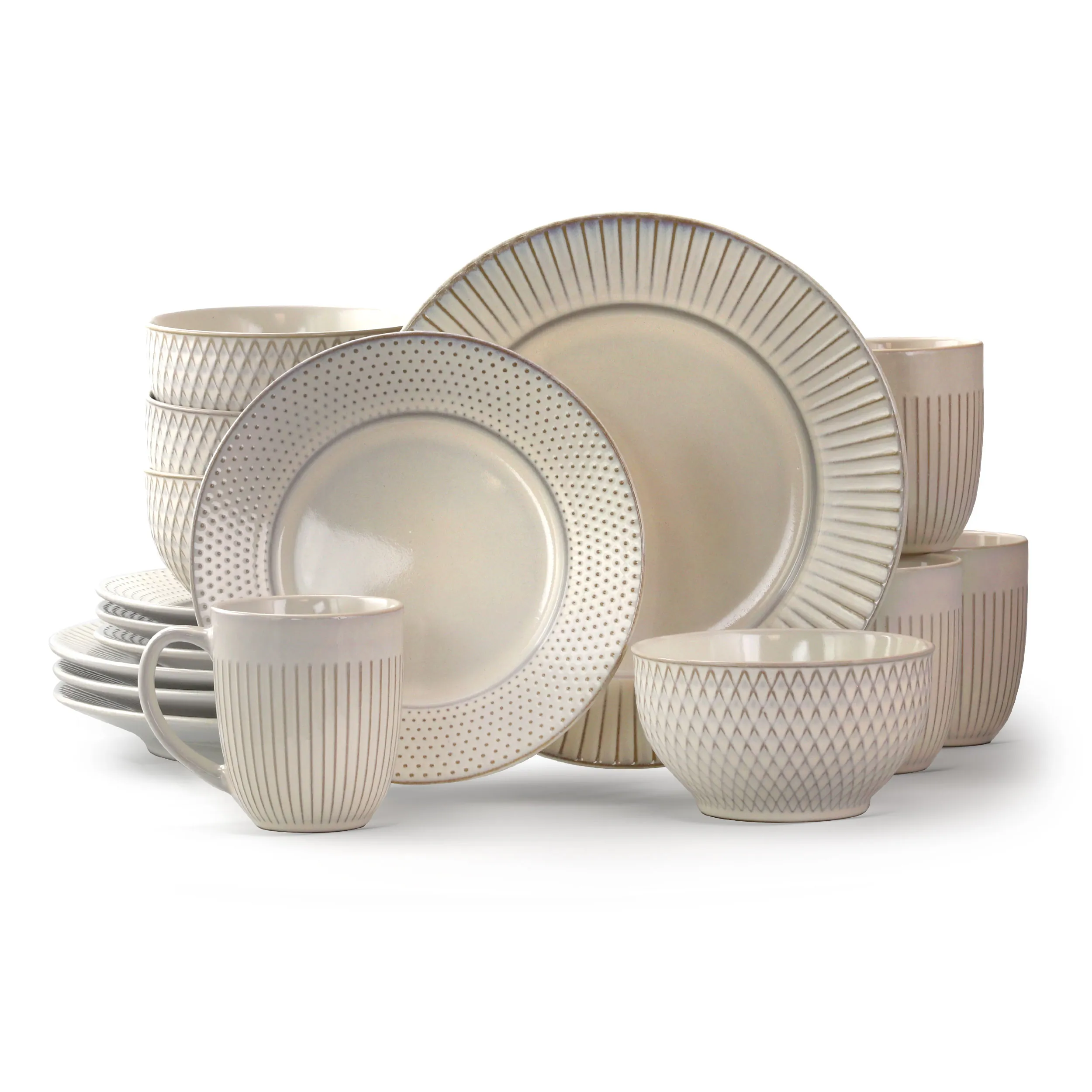 Elama EL-MARKETFINDS16 16 Piece Embossed White Stoneware Dinnerware Se