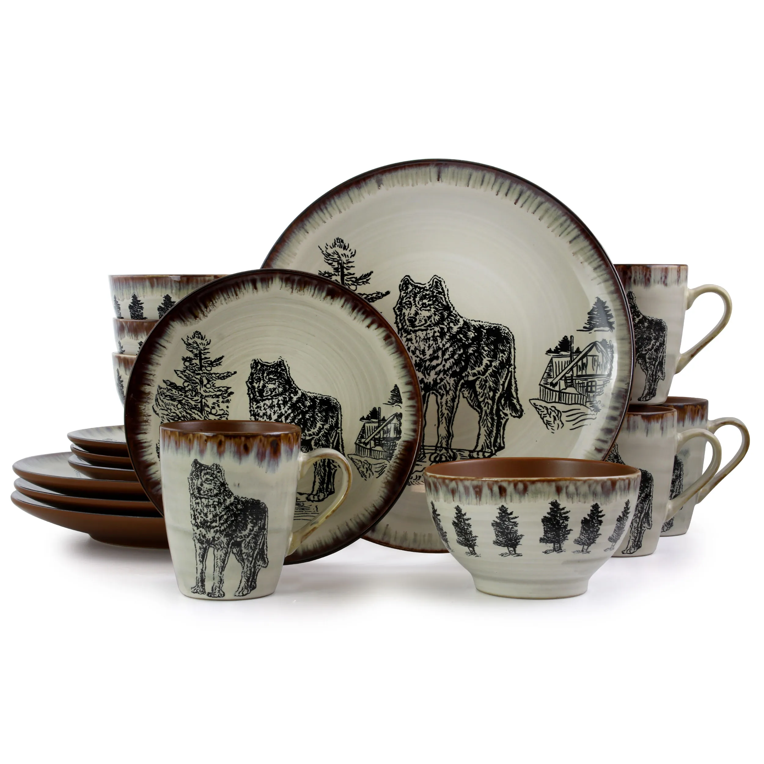 Elama EL-MAJESTICWOLF16 Majestic Wolf 16-piece Stoneware Dinner Set Fo