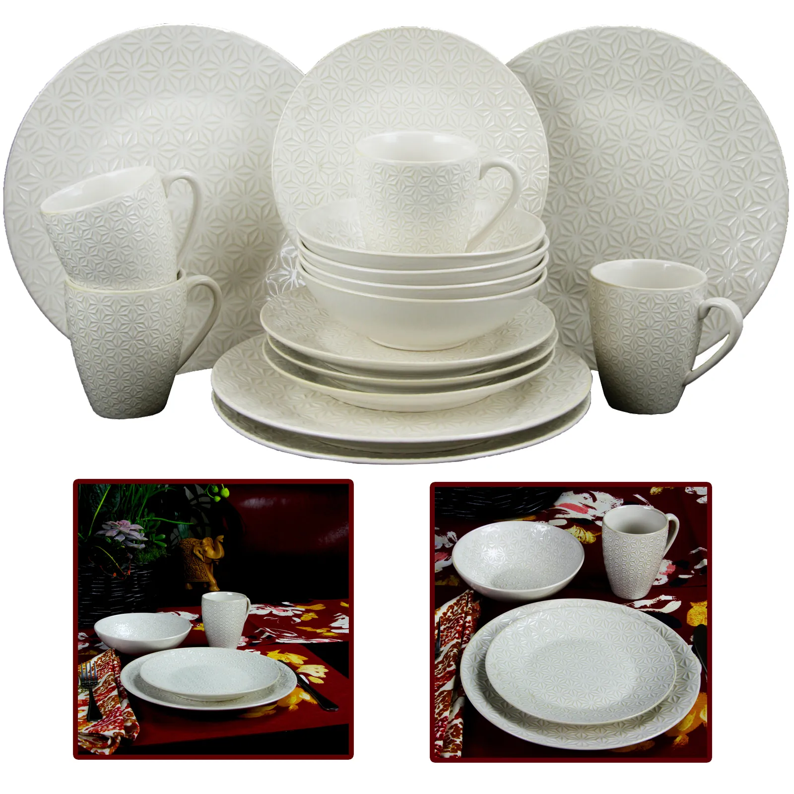 Elama EL-IVORYTERRACE16 Ivory Terrace 16 Piece Textured Dinnerware Set