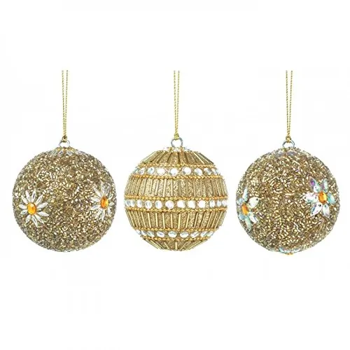 Christmas 10017587 Golden Beaded Ball Ornament Trio