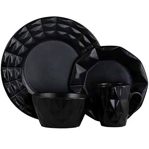 Elama ELM-RETROCHIC-BLACK Retro Chic 16-piece Glazed Dinnerware Set In