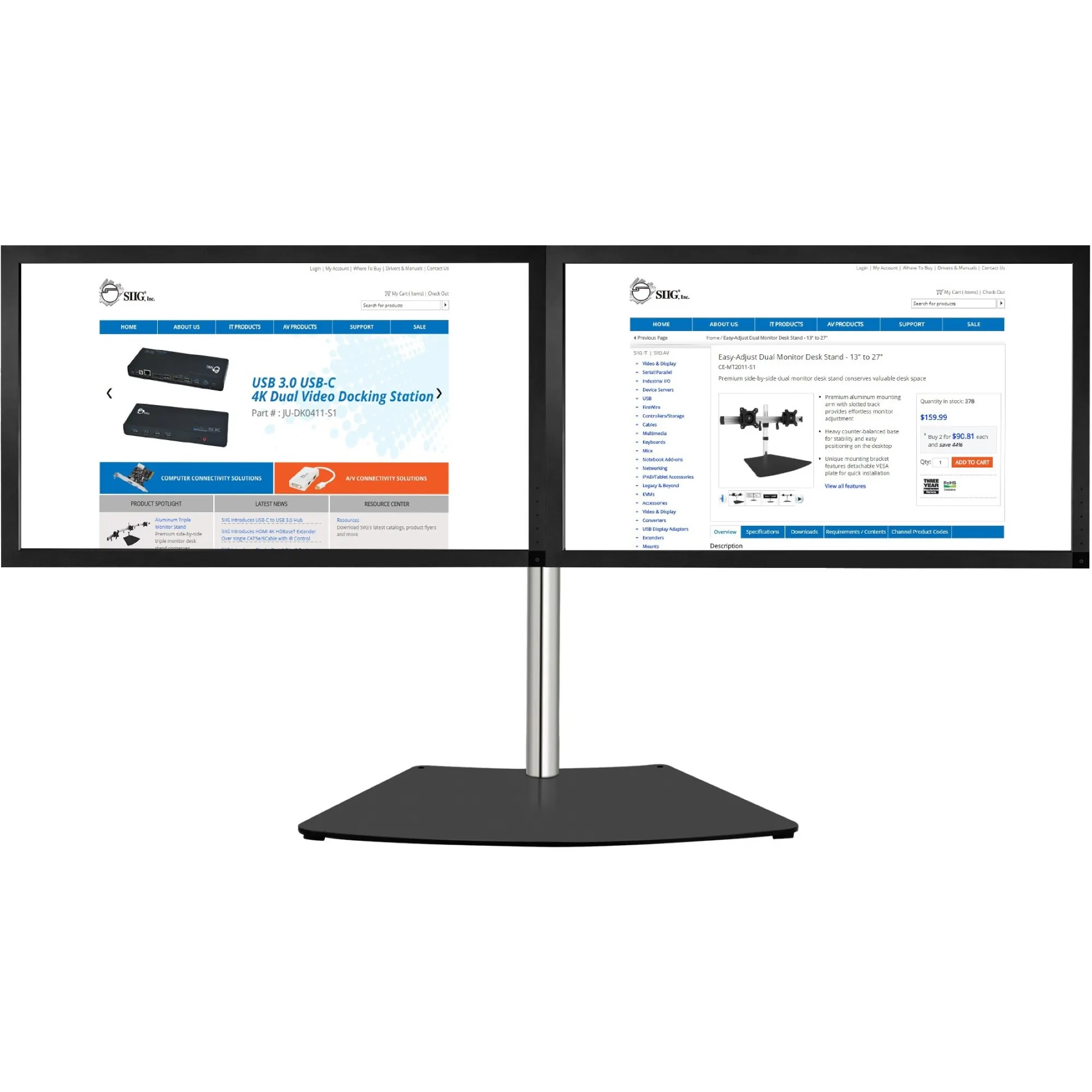 Siig CE-MT2011-S1 Premium Side-by-side Dual Monitor Desk Stand Conserv