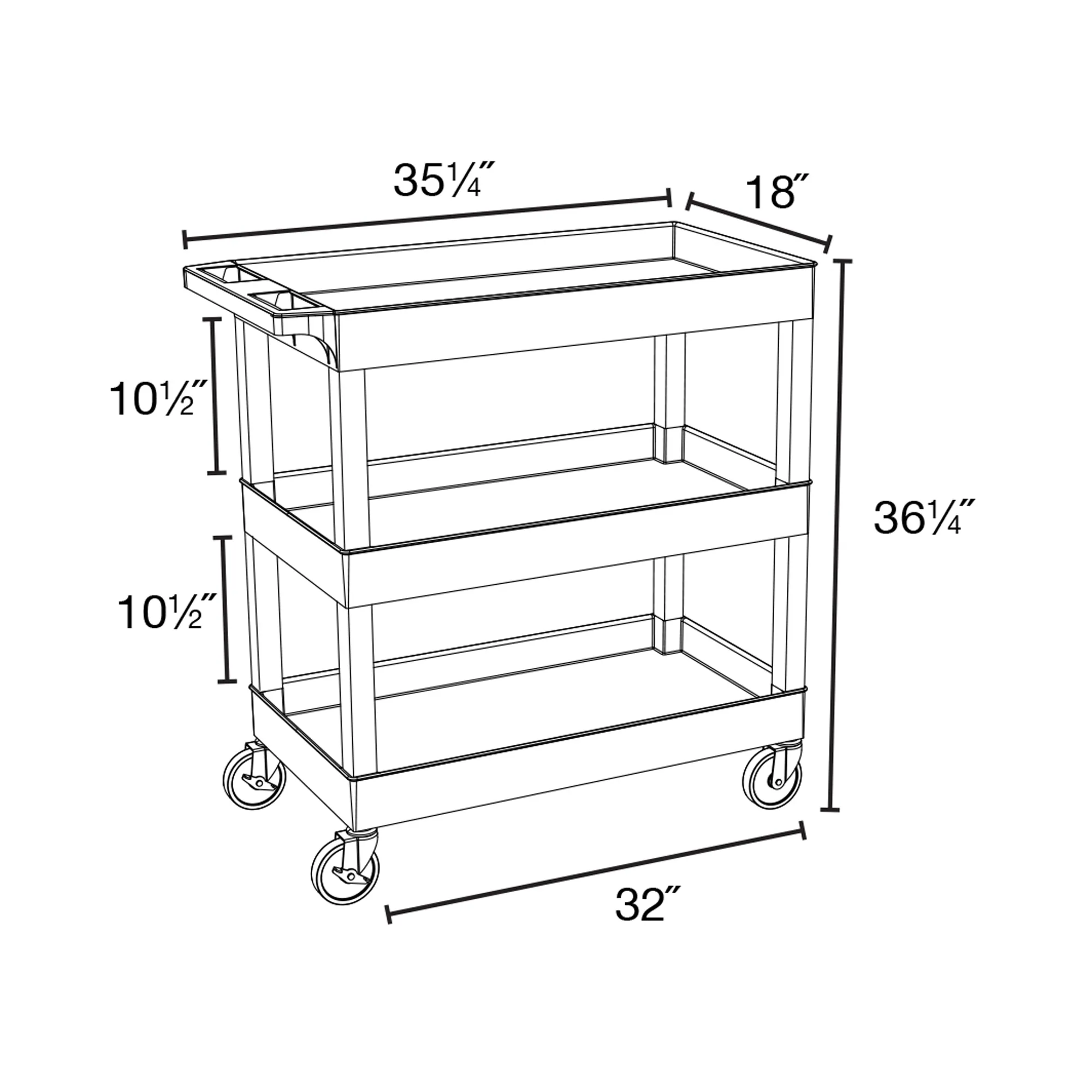 Luxor EC112-B High Capacity 2 Tubs And 1 Flat Shelf Cart In Black