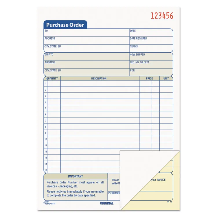 Tops TOP 46141 Tops Carbonless 3-part Purchase Order Books - 50 Sheet(