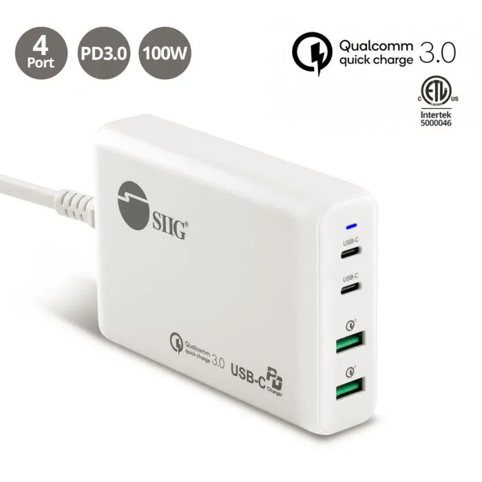 Siig AC-PW1P11-S1 100w Dual Usb-c Pd3.0  Qc 3.0 Power Charger