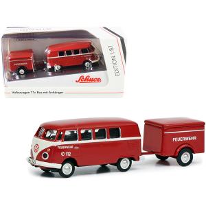 Schuco 452661800 Volkswagen T1c Bus With Trailer Red And Cream Feuerwe