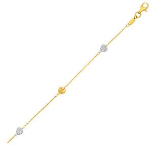 Unbranded 76407-10 14k Two-toned Gold Anklet With Textured Hearts - 10