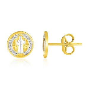 Unbranded 83413 14k Two Tone Gold Round Religious Medallion Post Earri