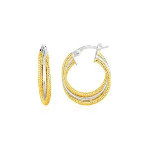 Unbranded 84969 Three Part Textured And Shiny Hoop Earrings In 14k Yel