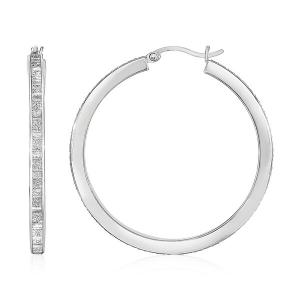 Unbranded 02930 Glitter Textured Square Tube Hoop Earrings In Sterling