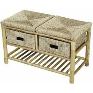 Homeroots.co 383050 Rectangular Brown Bench Bamboo Frame With 2 Basket