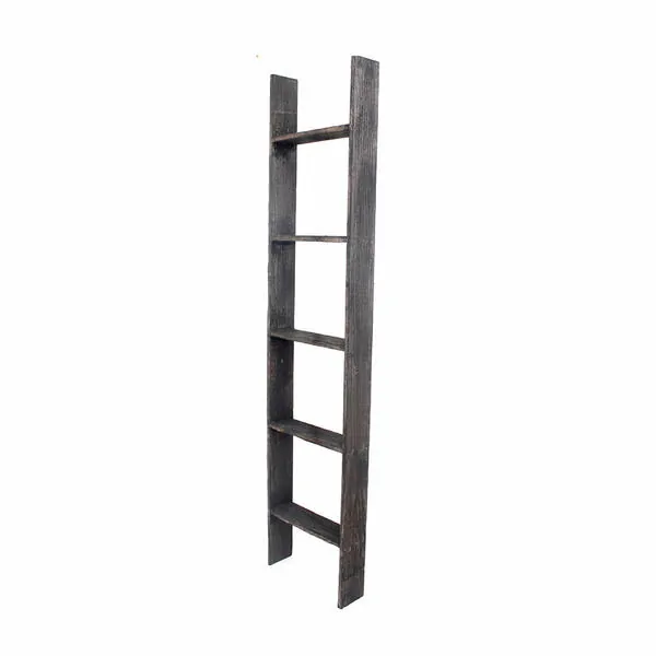 Homeroots.co 380327 4 Step Rustic Black Wood Ladder Shelf