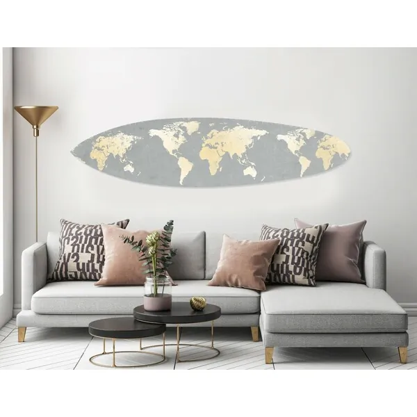 Homeroots.co 370400 Grey And Gold World Map Surfboard Wall Art