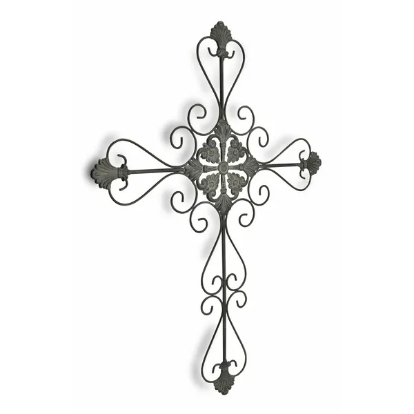 Homeroots.co 379858 Handcrafted Gray Metal Scroll Cross Wall Decor