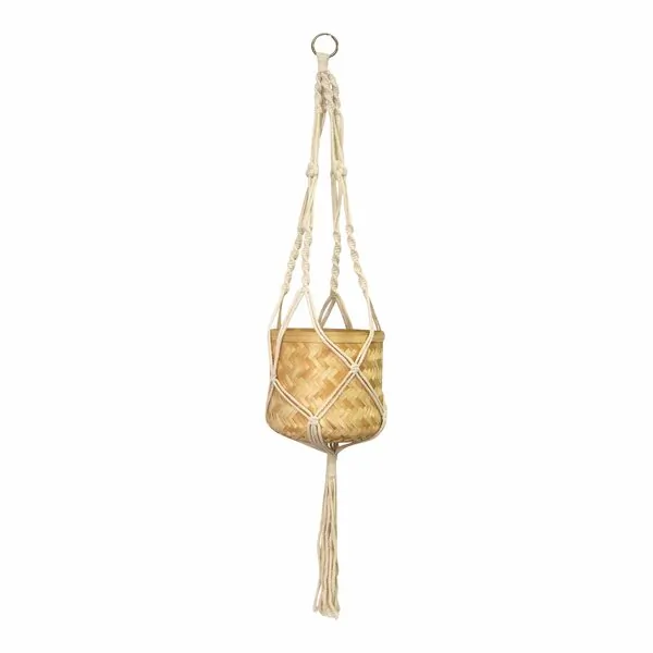 Homeroots.co 373210 Neutral Woven Bamboo Macram Hanging Planter