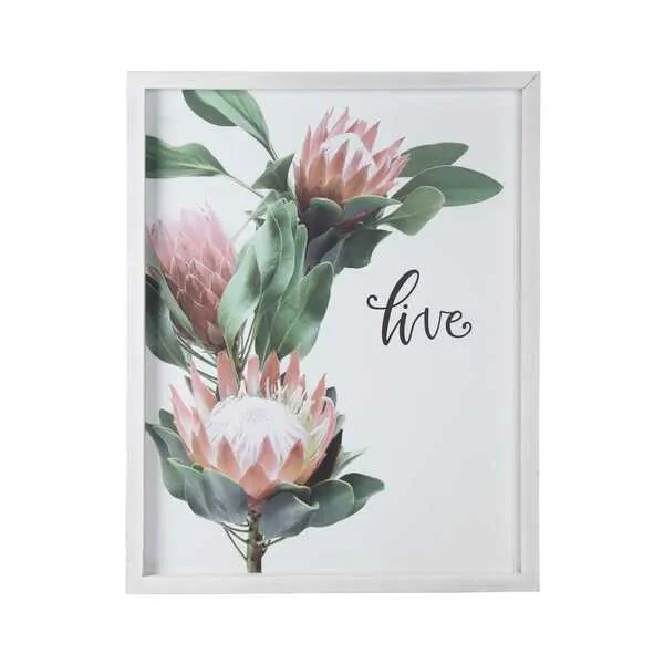 Homeroots.co 376642 Pink Printed Flowers With Distressed White Frame