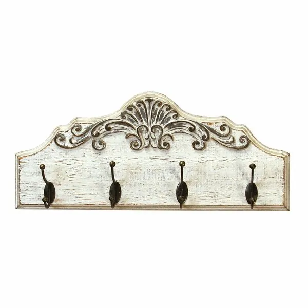 Homeroots.co 373168 Distressed White Wash Wood And Bronze Coat Rack