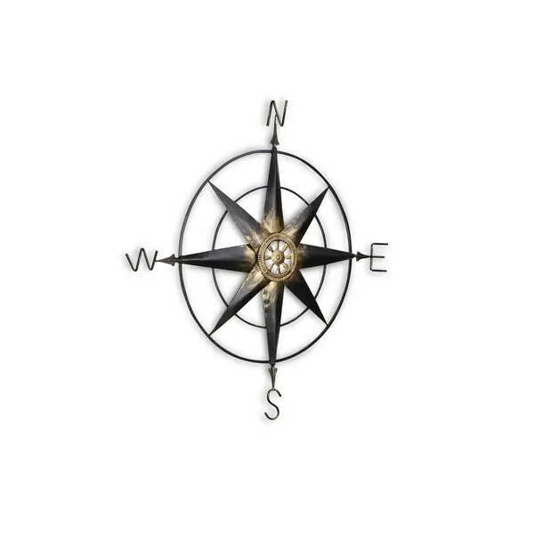 Homeroots.co 379829 Black Metal Wall Decor Compass With Gold Center Ac