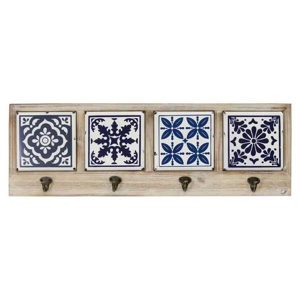 Homeroots.co 373323 Blue And White Tile Wall Hanging With Metal Hooks