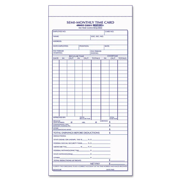 Rediform 4K402 Card,time Semimth 4.25x8