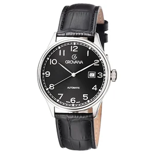 Grovana 1190.2537 Men's Black Dial Black Leather Strap Day