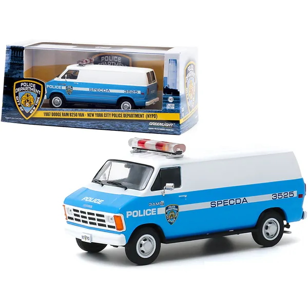 Greenlight 86577 1987 Dodge Ram B250 Van Blue And White New York City 