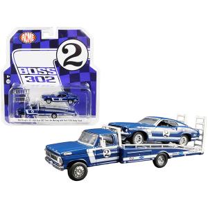 Greenlight 51268 Ford F-350 2 Ramp Truck Blue And 1969 Ford Mustang Bo