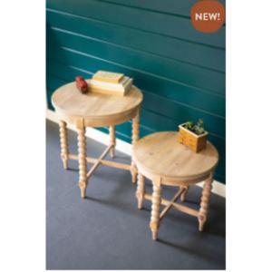 Kalalou CHW1204 Set Of 2 Round Wooden Side Tables With Turned Legs Lar