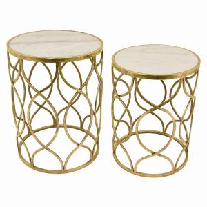 Plutus PBTH92921 Set Of 2 Gold Metal Marble Top Accent Tables