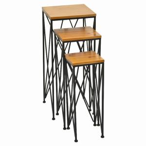 Plutus PBTH94320 Meta With Wood Plant Stand In Brown Metal Set Of 3