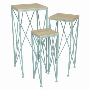 Plutus PBTH94688 Metalwood Plant Stand In Blue Metal Set Of 3