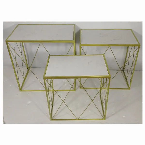 Plutus PBTH92704 Marble Top Plant Stand Set 3 In Gold Metal