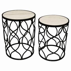 Plutus PBTH92588 Metalmarble Plant Stand In Black Metal Set Of 2