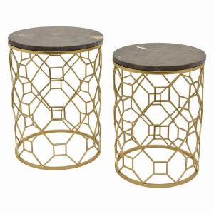 Plutus PBTH92924 Metal Marble Top Table In Gold Metal Set Of 2