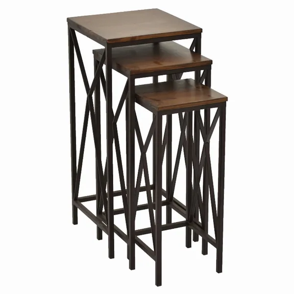 Plutus PBTH94486 Metal With Wood Top Table In Brown Metal Set Of 3