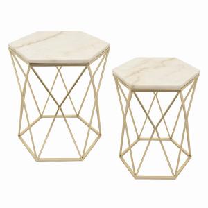 Plutus PBTH92920 Metal Marble Top Table In Champagne Metal Set Of 2