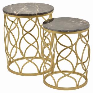 Plutus PBTH92922 Metal Marble Top Table In Gold Metal Set Of 2