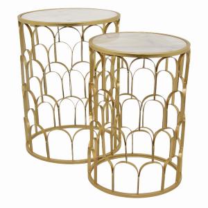 Plutus PBTH94037 Metal Marble Top Table In Gold Metal Set Of 2